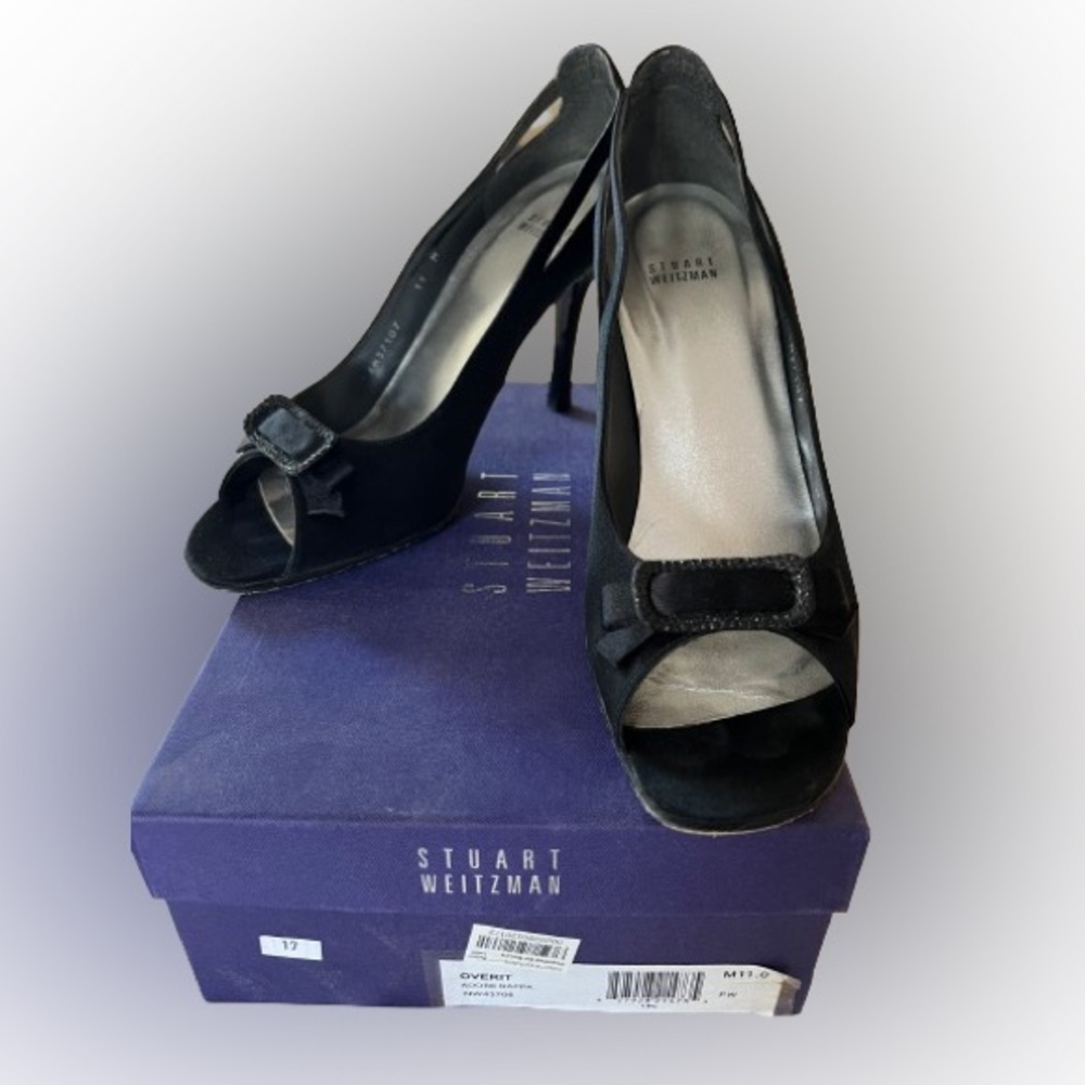 Stuart Weitzman black satin peep toe heels w/rhinestone bow